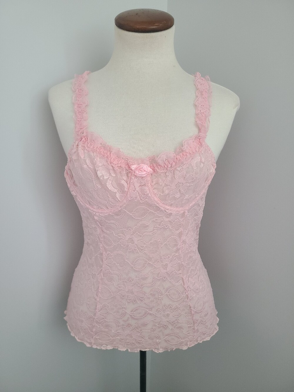 VTG Cinema Etoile Pink Lace Cami Tank Top S Coquette Y2K Ruffle Rosette Fairy - Picture 1 of 9